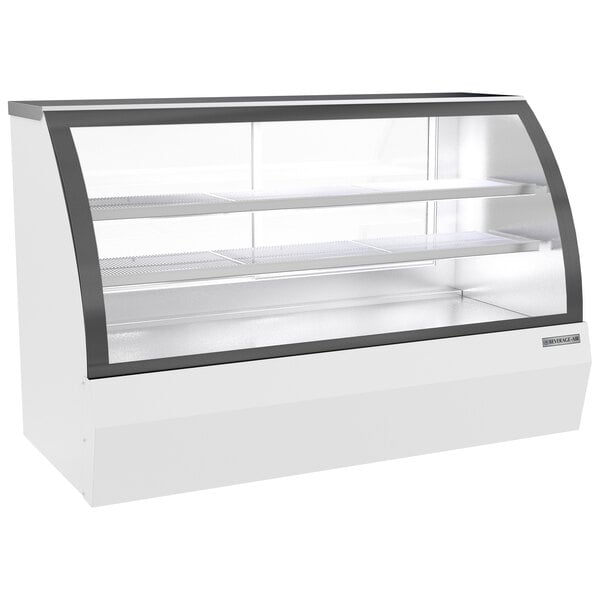 A white Beverage-Air curved glass refrigerated display case with glass doors and shelves.