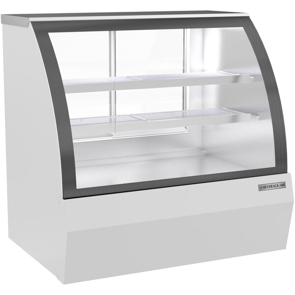 A white Beverage-Air refrigerated display case with curved glass doors.