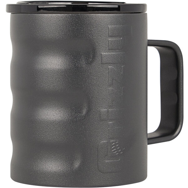 A black Grizzly stainless steel camp cup with a textured grip handle.