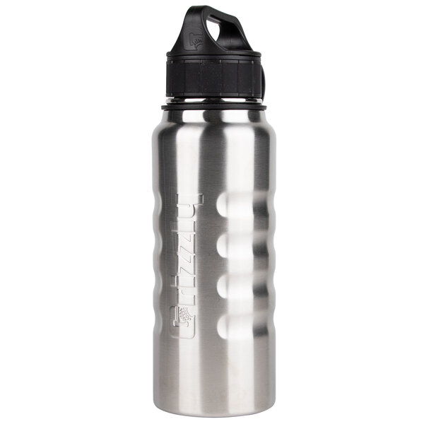 A Grizzly stainless steel water bottle with a black lid.