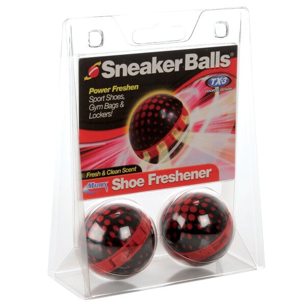 A pair of red and black Shoe For Crews sneaker balls in packaging with red dots.