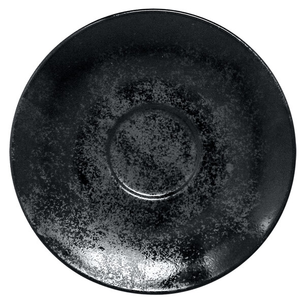 A RAK Porcelain black porcelain saucer with a round center on a surface.