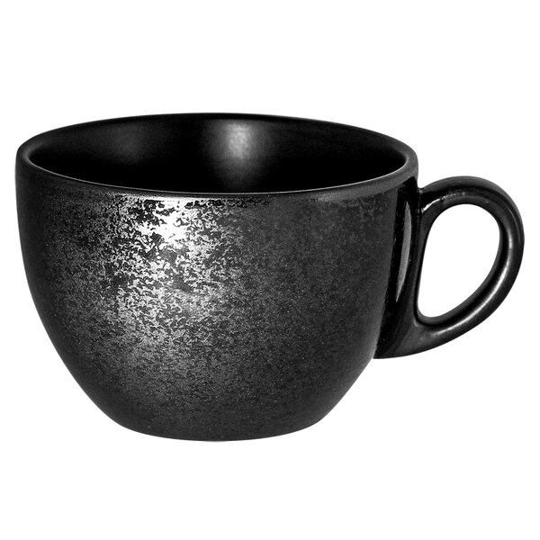 A black RAK Porcelain coffee cup with a handle.