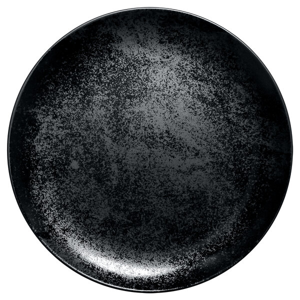 A black RAK Porcelain Karbon flat coupe porcelain plate with specks.
