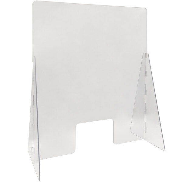 A Nemco clear plastic countertop shield with two triangular sides on a stand.