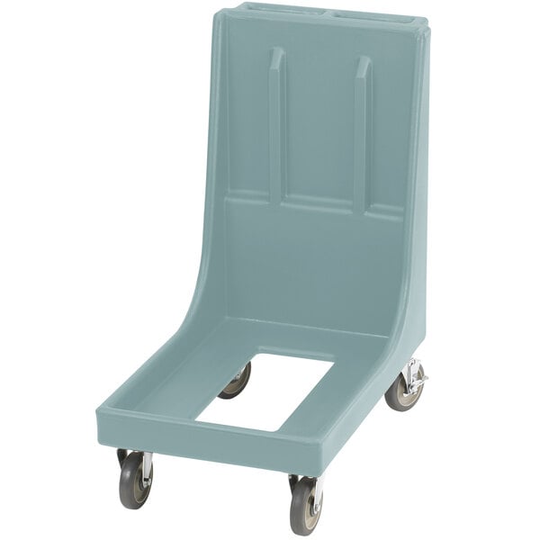A slate blue plastic Cambro Camdolly with wheels.