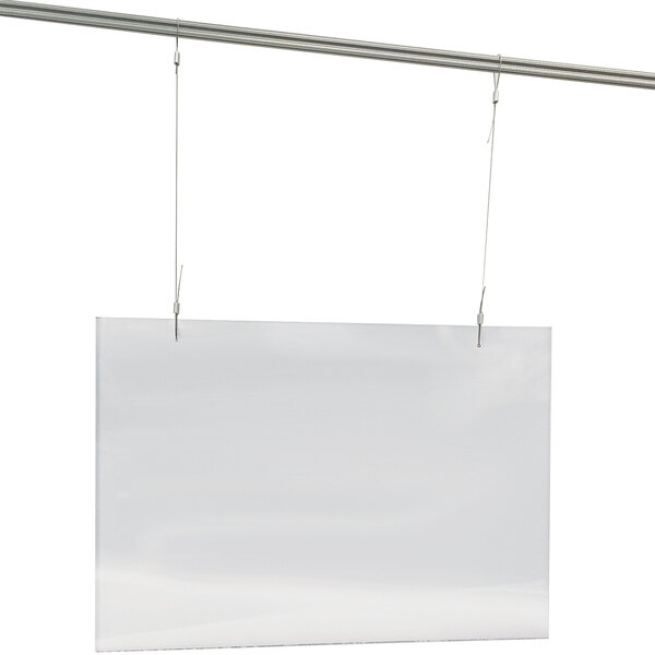 A white plastic hanging sign on a metal rod.