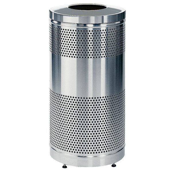 A silver stainless steel Rubbermaid waste receptacle with a perforated lid.
