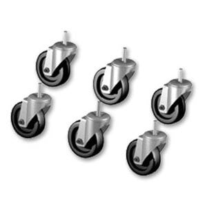 A set of six True stem casters with black rubber wheels and silver housings.