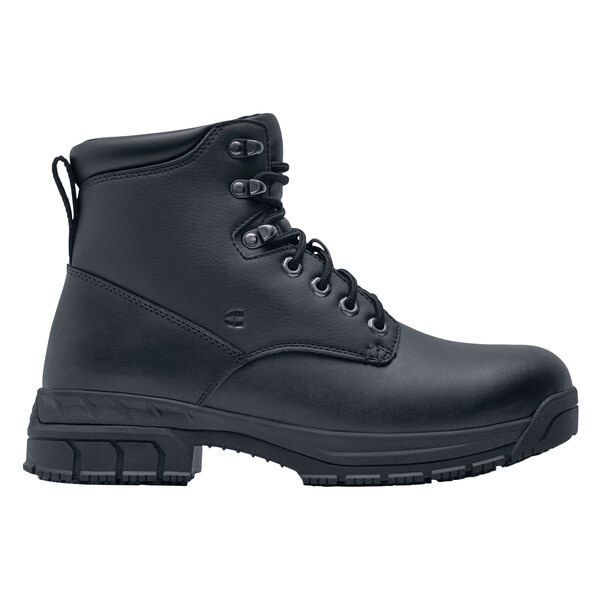 A black women's Shoes For Crews work boot with laces.