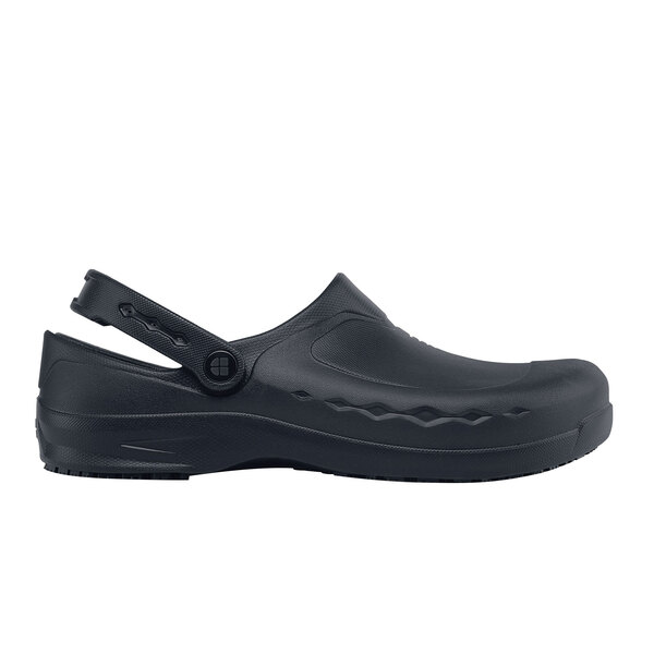 A black water-resistant clogger shoe with a rubber sole and strap.