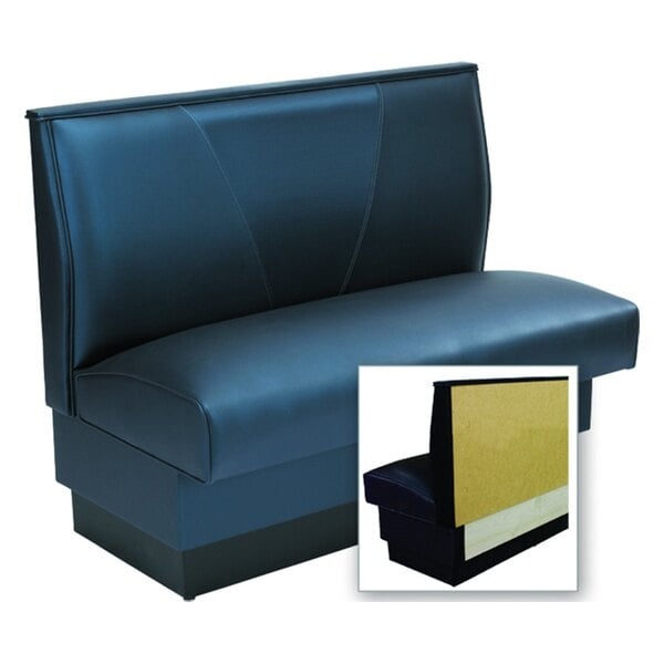 An American Tables & Seating V Shape Back Wall Bench with a blue cushion and black trim.
