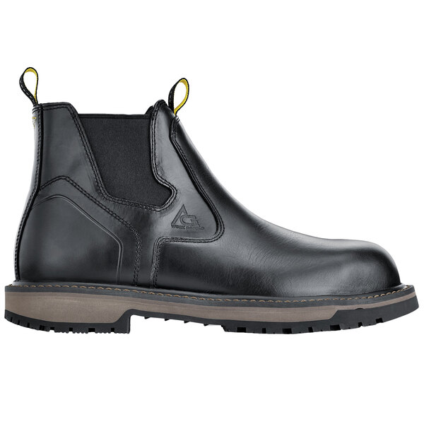 A black leather ACE Firebrand men's work boot with yellow accents.