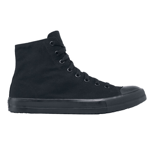 A black Shoes For Crews Pembroke canvas shoe with laces.