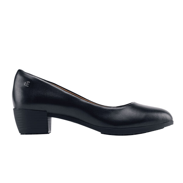 A black leather square toe shoe with a non-slip sole.