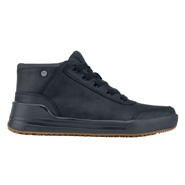 A black MOZO men's casual shoe with brown rubber soles and laces.