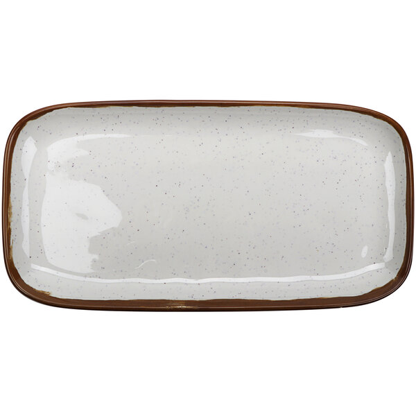 A white rectangular melamine tray with brown speckled edges.