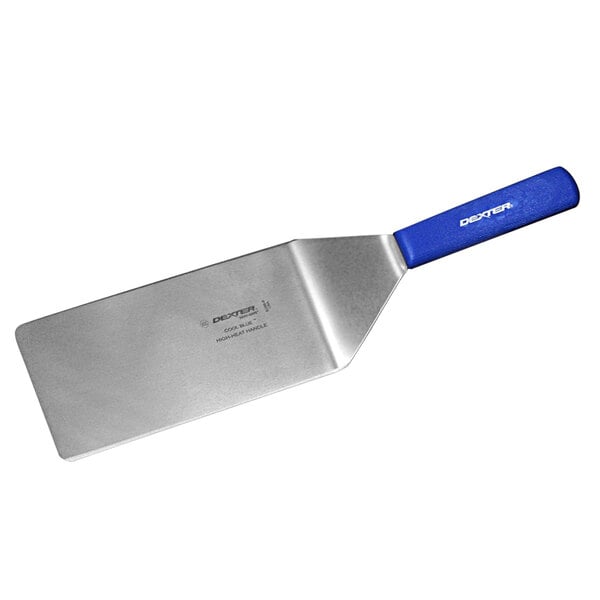 A Dexter-Russell Sani-Safe Cool Blue steak turner with a blue handle and silver blade.