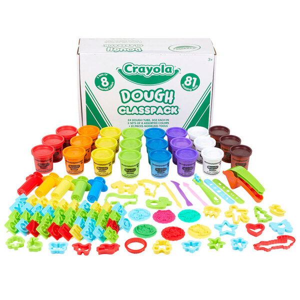 A white Crayola box containing 24 tubs of modeling dough in 8 assorted colors with modeling tools.