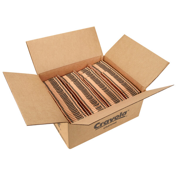 A white cardboard box with brown paper containing Crayola Classic Brown crayons.