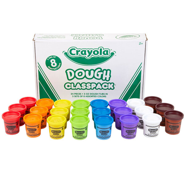 A group of Crayola modeling dough containers in assorted colors with matching lids.