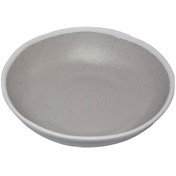 A grey melamine bowl with white speckled specks.