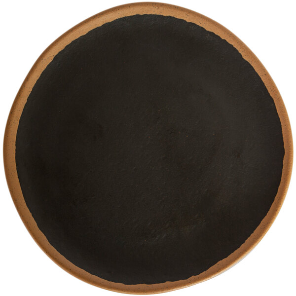 A black plate with a brown rim.