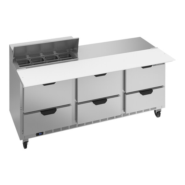 A Beverage-Air refrigerated sandwich prep table with 6 drawers under a stainless steel counter top.