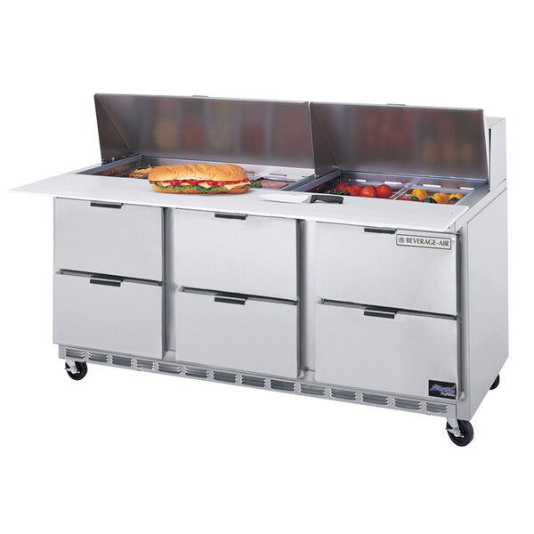 Beverage-Air SPED72HC-08C-6 72" 6 Drawer Cutting Top Refrigerated Sandwich Prep Table with 17" Wide Cutting Board
