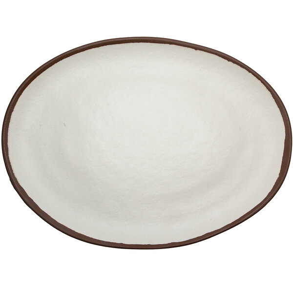 A white melamine oval platter with a brown rim.