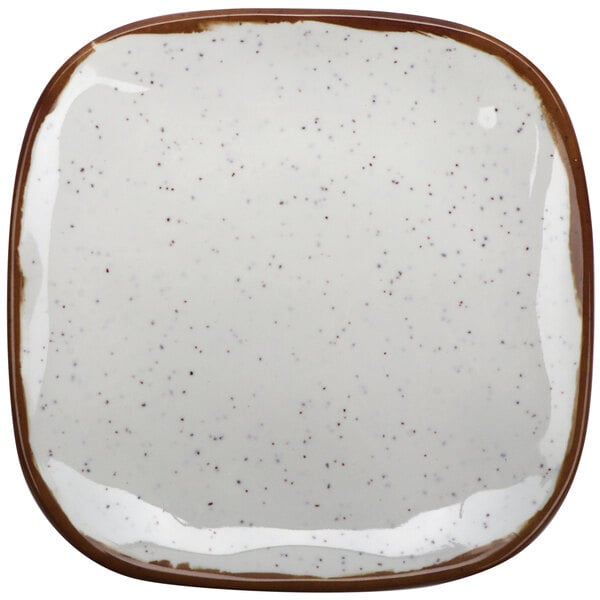 A white square plate with brown speckled edges.