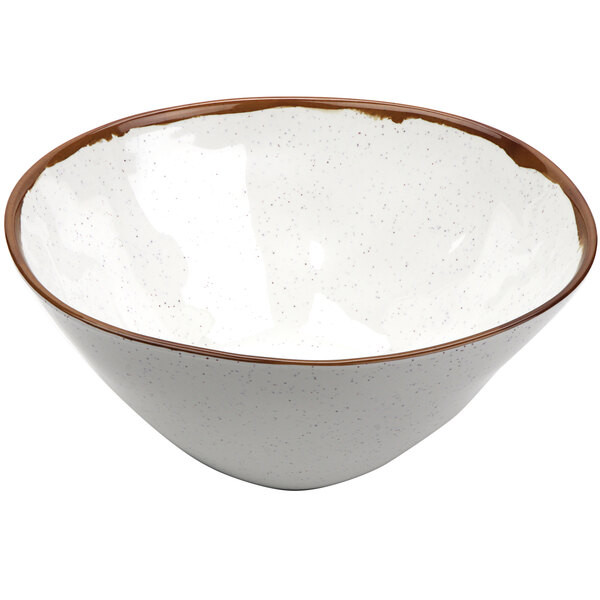 A white melamine bowl with a brown speckled rim.