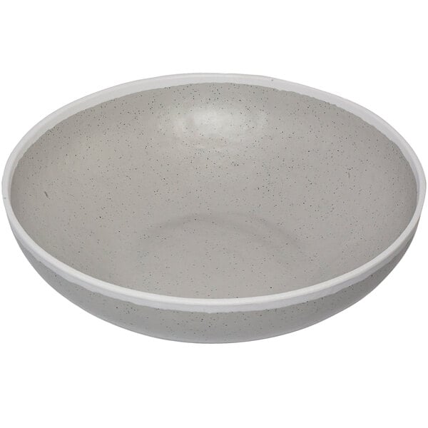 A grey melamine bowl with a white speckled rim.
