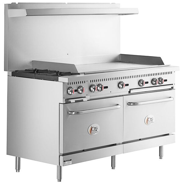 Cooking Performance Group S60-G48-L Liquid Propane 2 Burner 60 inch Range with 48 inch Griddle and 2 Standard Ovens - 200,000 BTU