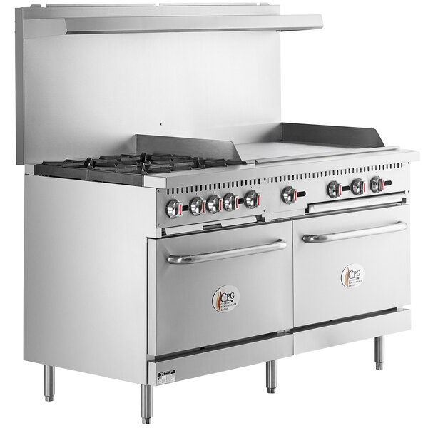 Cooking Performance Group S60-G36-N Natural Gas 4 Burner 60 Range with 36  Griddle and 2 Standard Ovens - 240,000 BTU