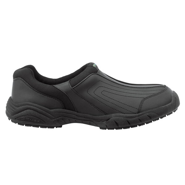 A pair of men's black SR Max slip-on shoes with a rubber sole.