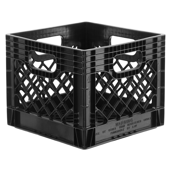 A black Orbis plastic milk crate with handles.