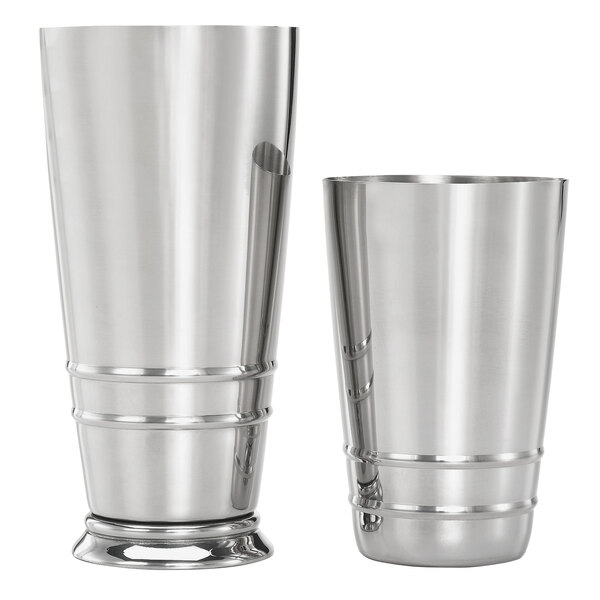 A pair of stainless steel Barfly cocktail shaker tins.