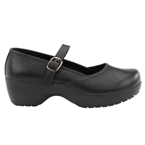 A black leather SR Max Vienna women's mary jane shoe with a strap and buckle.