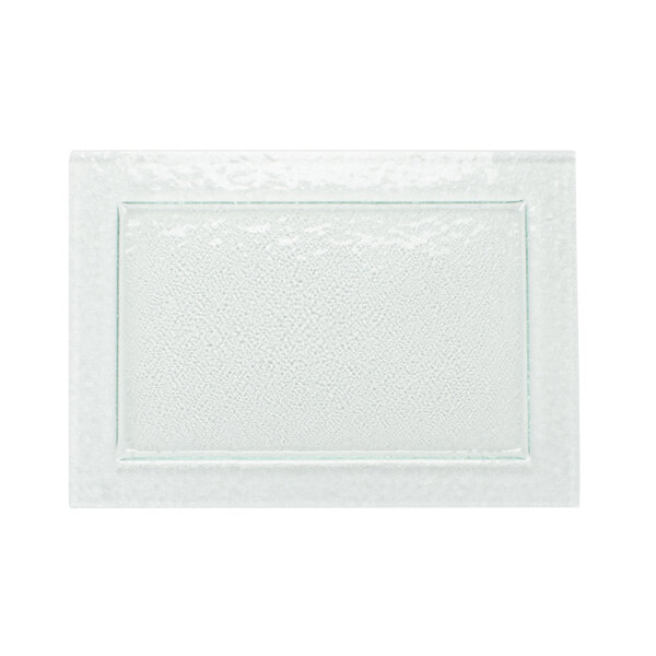 A rectangular clear glass platter with a bubbled design on the border.