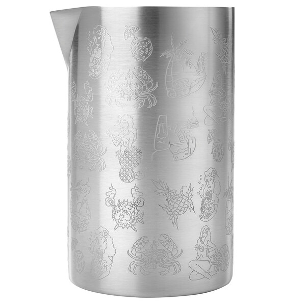 A silver stainless steel Barfly mixing tin with designs on it.