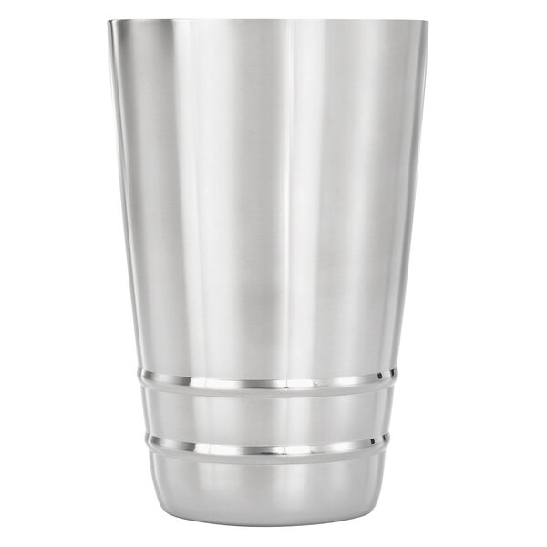 A stainless steel Barfly half size cocktail shaker tin with a silver band.