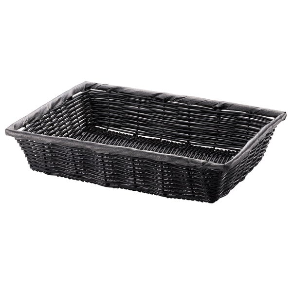 A black rectangular woven basket with a handle.