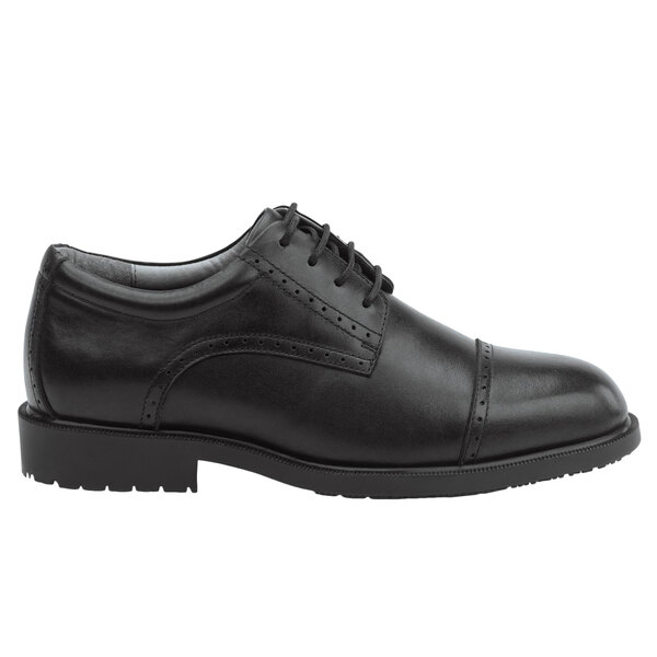 A black leather SR Max men's oxford dress shoe with a white sole.