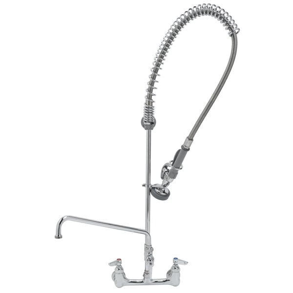 A T&S chrome pre-rinse faucet with a metal hose attached.