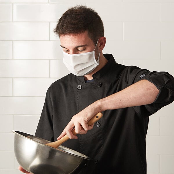 Mercer Culinary M69011WH Customizable White Reusable Non-Woven Polypropylene Pleated Protective Face Mask - 8 3/4" x 3 3/8"