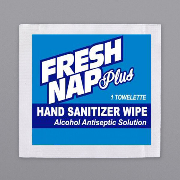 A 4" x 6 3/4" white napkin with a blue and white label and logo that reads "Fresh Nap Hand Wipe"