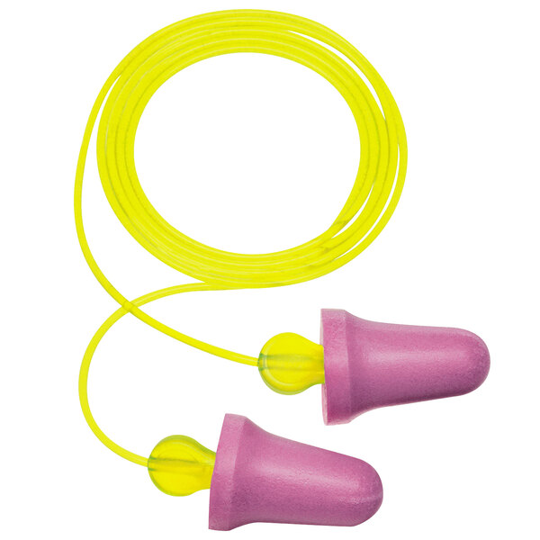 A pair of yellow 3M No-Touch corded foam earplugs.