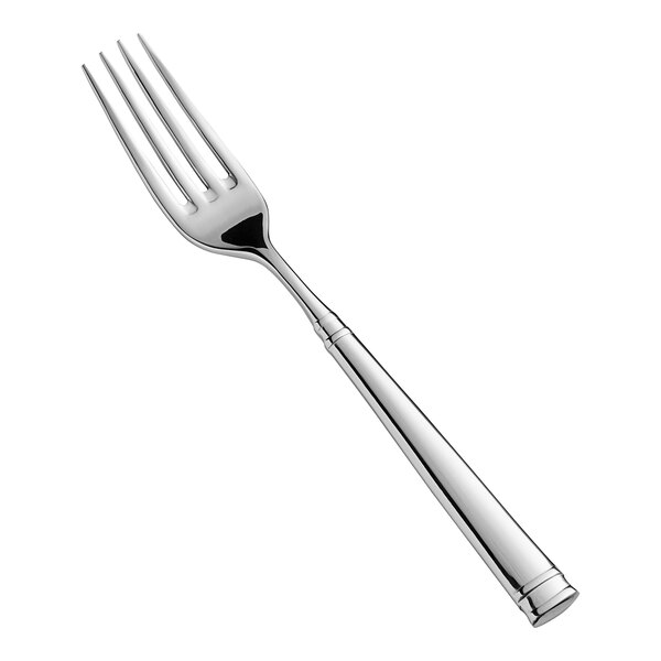 A close-up of a Fortessa stainless steel salad/dessert fork with a silver handle.