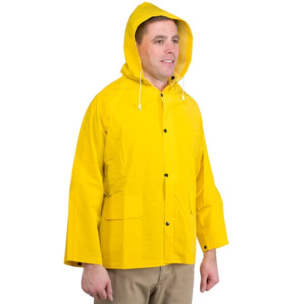 A man wearing a yellow Cordova rain jacket.